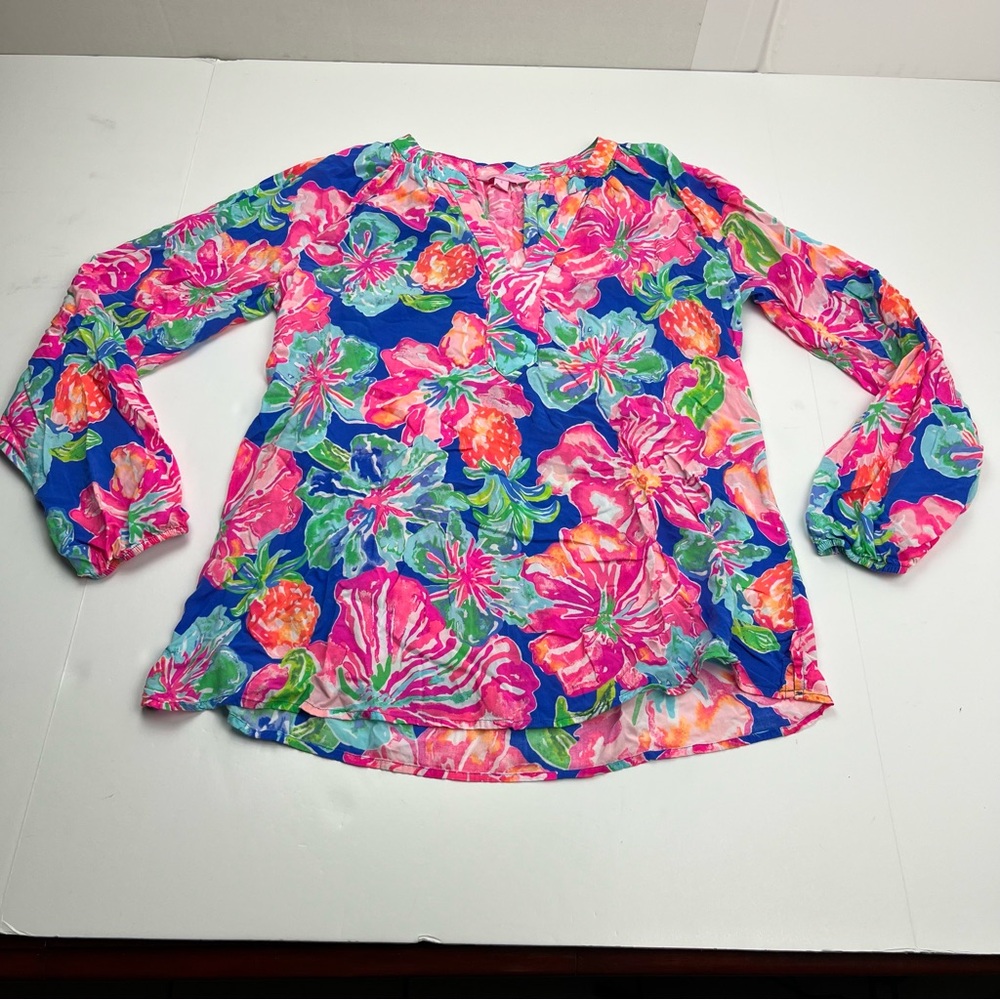 Lilly Pulitzer Martinique Top Beckon Blue Jungle Utopia Floral Long Sleeve Small
